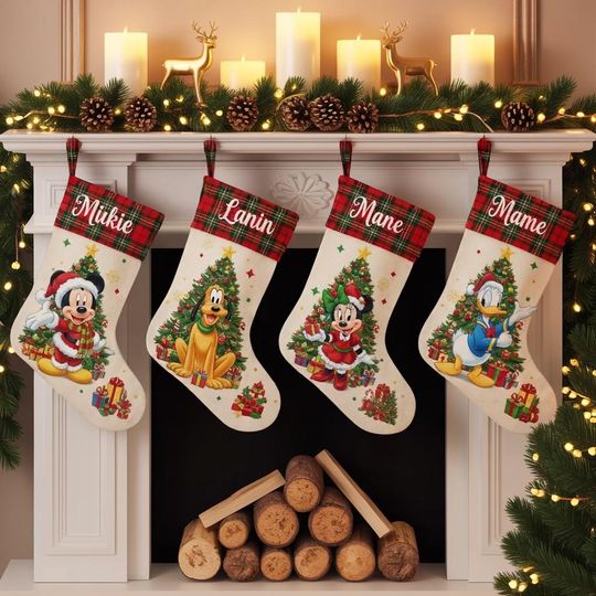 Discover Custom Mickey Friends Xmas Stocking With Name, Disney Characters Christmas Socks Home Decoration, Funny Disney Fireplace Decor