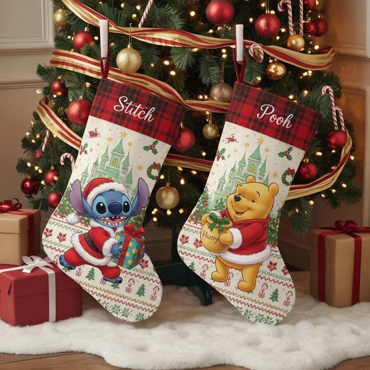 Discover Disney Stitch and Pooh Christmas Stocking, Personalized Xmas Sock, Custom Name Holiday Decor, Cute Kids Gift, Festive Disney Fireplace Decor