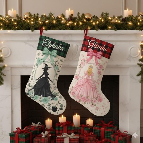 Wicked Christmas Stockings, Elphaba and Glinda Christmas Stockings, Custom Witched Decor, Custom Name Xmas Mantel Decor,Good Witch Bad Witch