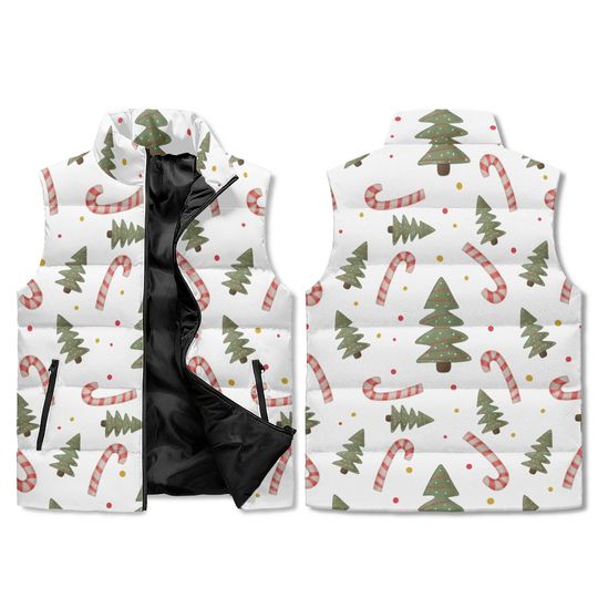 Discover Christmas Puffer Vest with Candy Cane & Tree Print, Unisex Holiday Outerwear