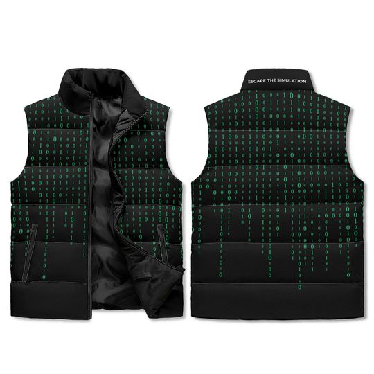 Cyber Code Puffer Vest - Black & Green AOP Techwear Sleeveless Jacket