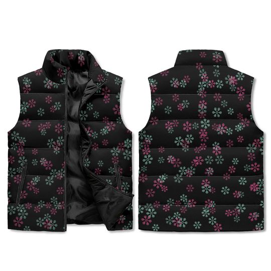 Black Snowflake Puffer Vest - Burgundy Teal AOP Winter Print Unisex Insulated