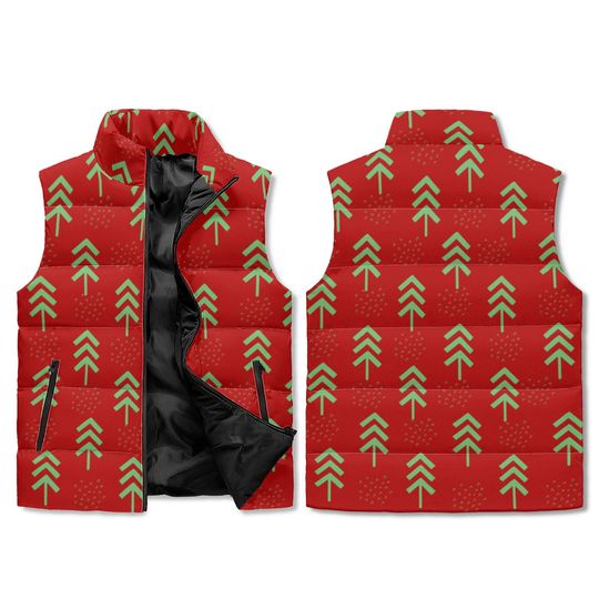Discover Holiday Trees Puffer Vest - Red Green Winter Unisex Stand Collar Sleeveless Jacket