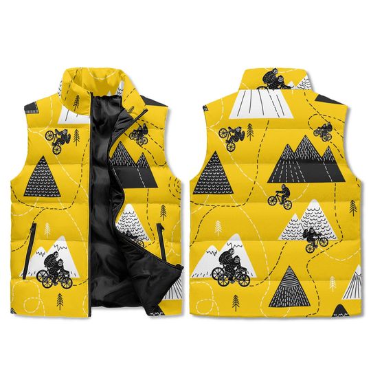 Discover Yellow MTB Print Puffer Vest  Unisex Mountain Bike Adventure