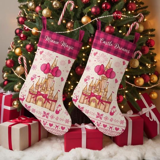 Discover Pink Disney Castle Christmas Stocking, Personalized Minnie Magic Sock, Custom Name Magic Kingdom Stocking, Cute Girls Xmas Stocking