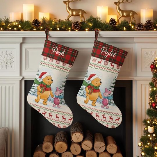 Discover Winnie the Pooh Christmas Stockings, Piglet and Pooh Stocking Set, Personalized Disney Holiday Decor, Cute Kids Christmas Fireplace Socks