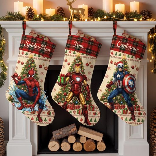 Marvel Superhero Christmas Stockings, Avengers Stocking, Spider Man Iron Man Captain America Decor, Custom Name Xmas Gift, 2025 Holiday Sock