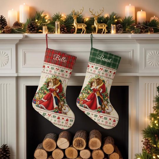 Discover Disney Beauty and the Beast Christmas Stocking Set, Personalized Holiday Stockings, Custom Name Plaid Cuff Socks, Family Fireplace Decor