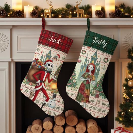 Nightmare Before Christmas Stockings, Jack and Sally Christmas Socks, Personalized Gothic Holiday Decor, Custom Name Xmas Stocking,2025 Gift