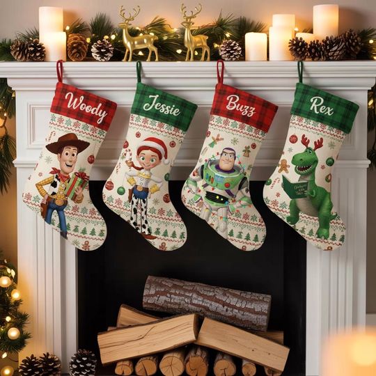 Discover Toy Story Christmas Stocking, Personalized Disney Xmas Sock, Woody Buzz Jessie Rex Stocking, Custom Name Holiday Decor, Kids Christmas Gift