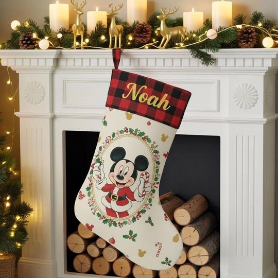 Discover Disney Christmas Stockings, Personalized Mickey Stocking, Custom Name Holiday Decor, Minnie Donald Daisy Gift, Plaid Christmas Mantel Decor
