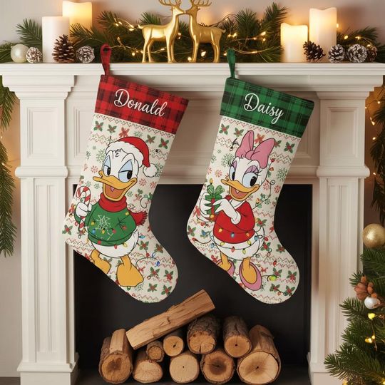 Discover Disney Donald Daisy Christmas Stocking Set, Personalized Holiday Stockings, Custom Plaid Cuff Christmas Decor, Family Fireplace Gift Idea