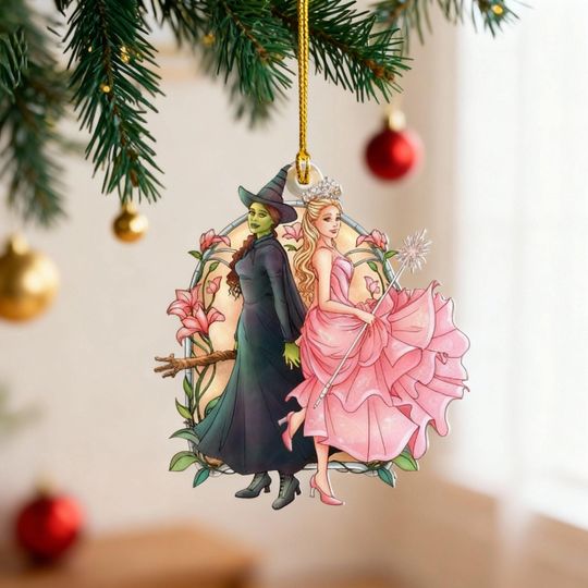 Elphaba and Glinda Acrylic Ornaments, Stained Glass Effect Christmas Ornament, Wizard of Oz Wicked Musical Fan Art Decor, Xmas Tree Window Decoration