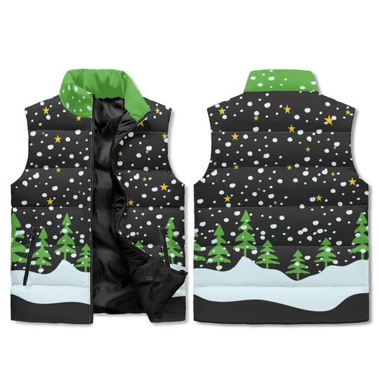 Discover Winter Night Forest Vest  Green Trees & Snow AOP Zip Puffer  Unisex Lightweight Outerwear