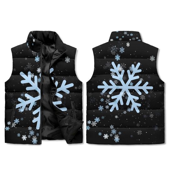 Black Snowflake Puffer Vest - Blue Winter AOP Stand Collar Zip Warm Unisex Vest