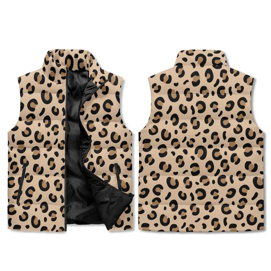 Discover Jaguar Pattern Puffer Vest - Bold Animal Print All Over Zip Up Unisex Winter Outerwear