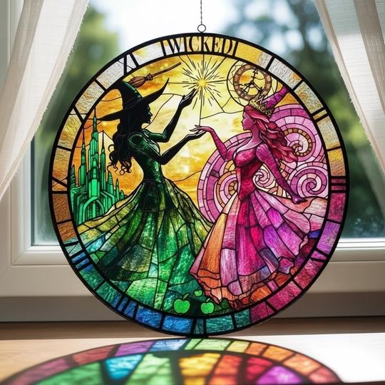 Wicked Musical Acrylic Ornament, Elphaba & Glinda Window Art, Emerald City Broadway Decor, Wizard of Oz Stained Glass Effect Christmas Ornament