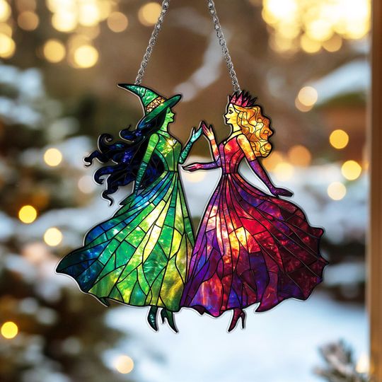 Elphaba & Glinda Acrylic Suncatcher  Wicked Faux Stained Glass Window Hanging Wizard Of Oz Witch Decor Christmas Movie Character Ornament