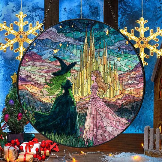 Elphaba & Glinda Stained Glass Effect Christmas Ornament, Wicked Musical Acrylic Ornament, Broadway Fan Gift, Trendy Window Decor