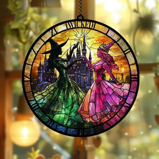 Elphaba and Glinda Besties Stained Glass Effect Christmas Ornament, Acrylic Ornament Movie Fan Xmas Gift for Her, Good Witch Bad Witch