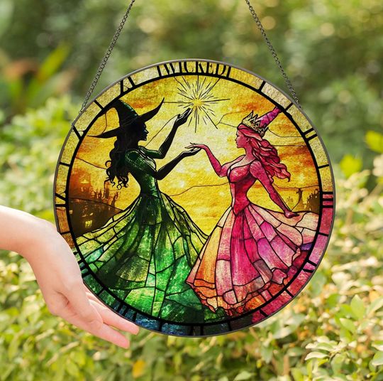 Elphaba And Glinda Besties Stained Glass Effect Christmas Ornament, Witch Pink And Green Acrylic Ornament, Wizard Of Oz Fan Gift Suncatcher, Window Hanging