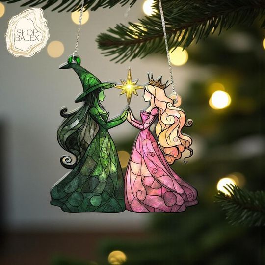 Wicked 2 Elphaba and Glinda Ornament  Fantasy Acrylic Suncatcher, Witch and Princess Window Hanging, Wizard of Oz Broadway Gift