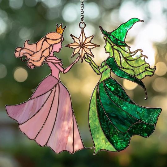 Elphaba And Glinda Stained Acrylic Suncatcher, Oz Witches Fan Gift, Wicked Musical Window Hanging, Wicked Merch