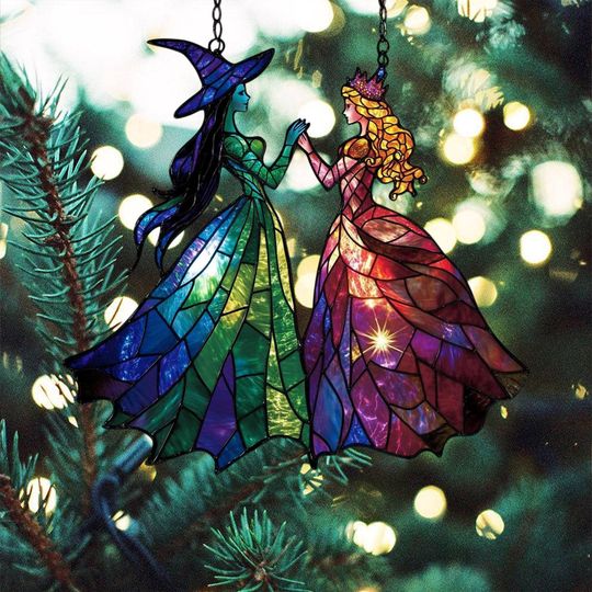 Elphaba and Glinda Acrylic Ornament, Wicked Musical Decor, Stained Glass Effect Christmas Ornament, Wizard of Oz Gift, Fantasy Window Decoration