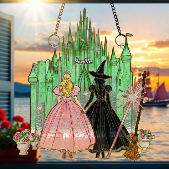 Personalized Elphaba and Glinda Suncatcher Ornament Acrylic, Wicked Christmas, Stained Glass Effect Christmas Ornament, Wizard of Oz, Fantasy Window Decor