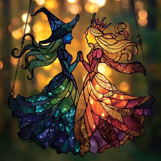 Wicked Witches Acrylic Suncatcher, Elphaba & Glinda Faux Stained Glass Suncatcher, Witch Decor Christmas, Movie Character For Home Decor