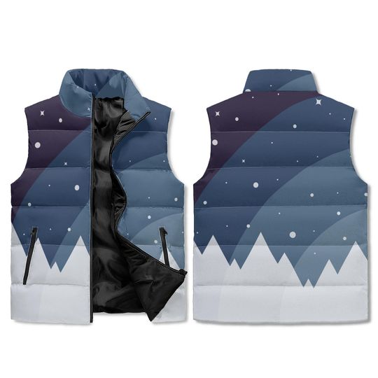 Night Sky Mountain Vest Blue Winter AOP Zip Puffer Unisex Sleeveless Jacket