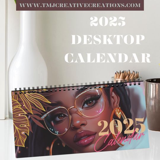 2025 Vertical Desk Calendar Featuring African American Women Artwork and Stylish Eyeglasses