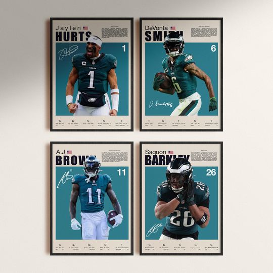 4 football Set Poster, Eagles football Poster Bundle, Jalen Hurts, AJ Brown, Saquon Barkley, DeVonta Smith, Philadelphia Eagles Art.