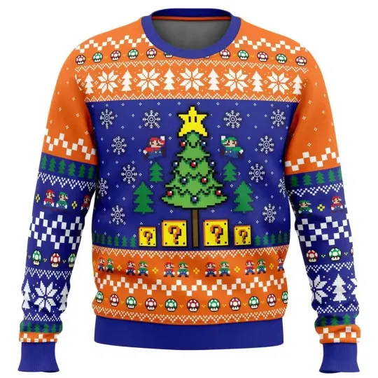 Discover Mario Tree Ugly Christmas Sweater Funny Pixel Game Characters Blocks Holiday