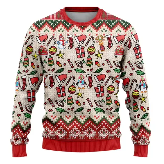 Discover Holiday Icons Ugly Christmas Sweater Funny Snowman Reindeer Candy Cane Pullover