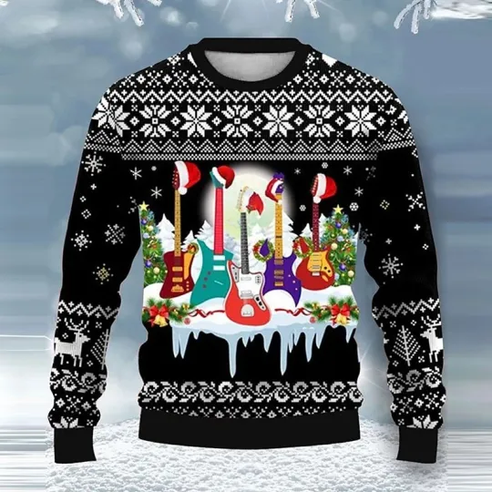 Discover Santa Guitar Ugly Christmas Sweater Funny Music Holiday Pullover Black Snowflake
