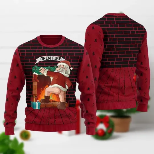 Fire Ugly Christmas Sweater Funny Santa Butt Fireplace Brick Holiday Pullover