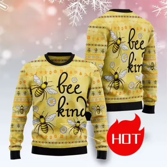 Discover Bee Kind Ugly Christmas Sweater Floral Daisy Positive Message Holiday Pullover