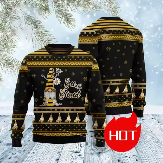 Discover Bee Blessed Ugly Christmas Sweater Gnome Sunflower Funny Holiday Pullover Party