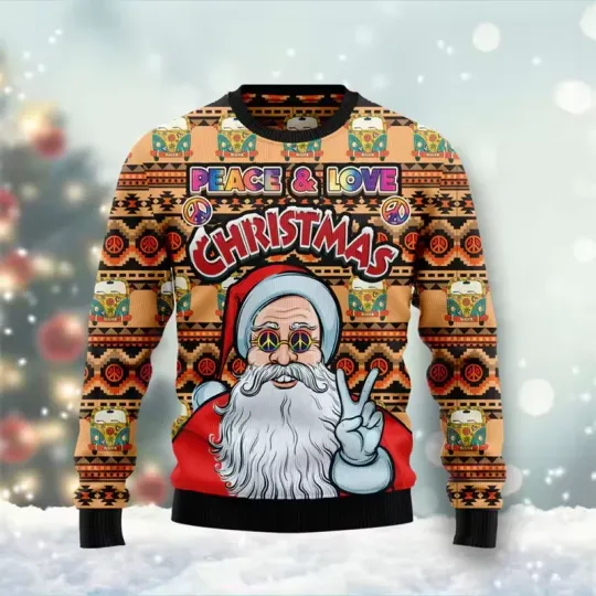 Discover Peace Love Christmas Ugly Sweater Santa Retro Rainbow Glasses Holiday Pullover