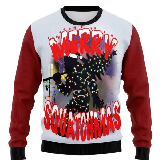 Discover Ugly Christmas Sweater Funny Bigfoot Candy Cane Red Holiday Pullover