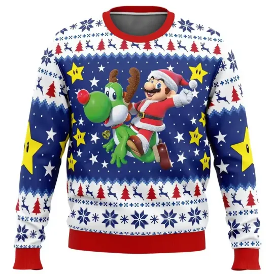 Discover Ugly Christmas Sweater Funny Reindeer Santa Blue Snowflake Holiday Pullover