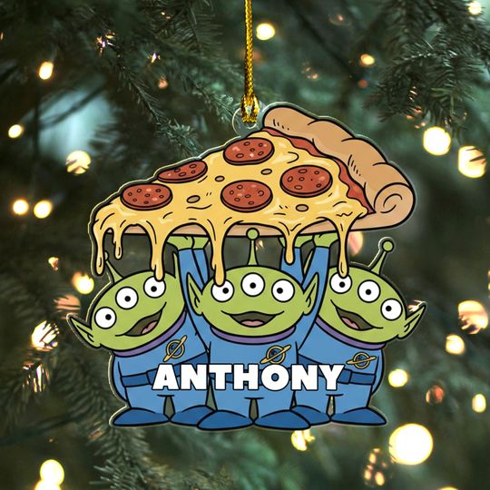 Personalized Toy Story Pizza Planet Christmas Ornament, Custom Name Animated Toy Family Characters Xmas Tree Decor