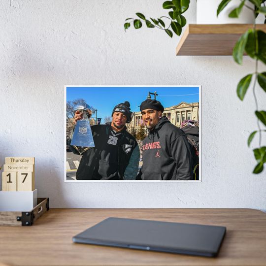 Discover Philadelphia Eagles Super Bowl LIX 59 Champions Saquon Barkley & Jalen Hurts with Trophy at Parade Gloss Poster, Multiple Sizes Available