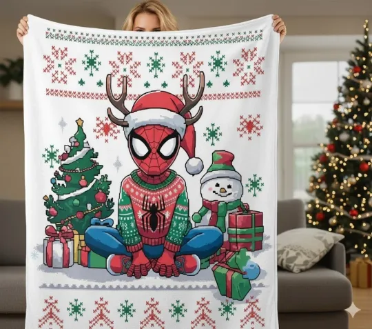 Marvel Xmas Fleece Blanket, Spiderman Holiday Gift, Funny Hero Design