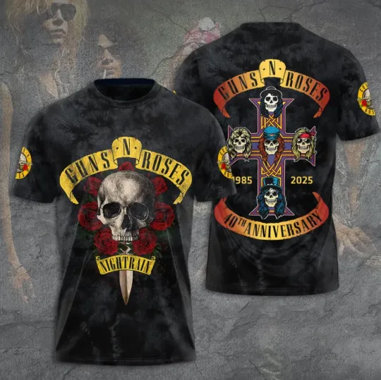 Guns And Roses 40Th Anniversary 1985-2025 3D Printed T-Shirt