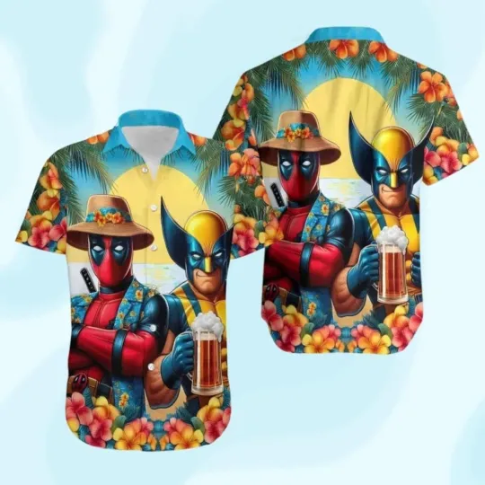 Discover Deadpool Wolverine Hawaiian Shirt Casual Button Down Unisex Adults Size S-5XL