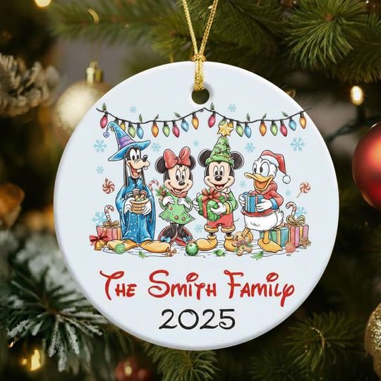 Discover Personalized Family Name Round Ceramic Christmas Ornament, Custom Name Disney Family Vacation Keepsake