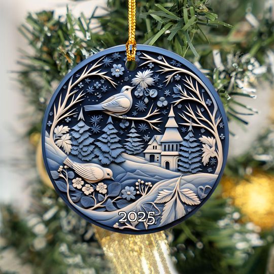 Bird Ornament 2025, Winter Birds in Snow Scene, Christmas Church Ceramic Ornament, Holiday Nature Keepsake