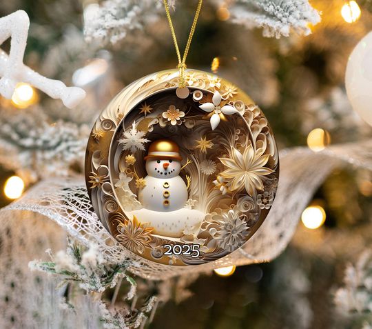Discover Snowman Christmas Ornament 2025, Christmas Tree Decoration, Holiday Keepsake Gift, Gold Floral Ornament, Xmas Gift Idea, Snowman Hanging